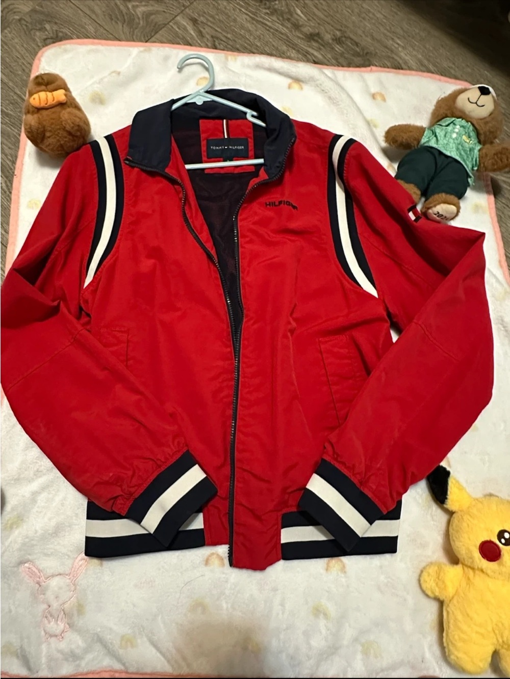 Tommy Hilfiger Red Men's Zip-Front Bomber Jacket with Navy Trim